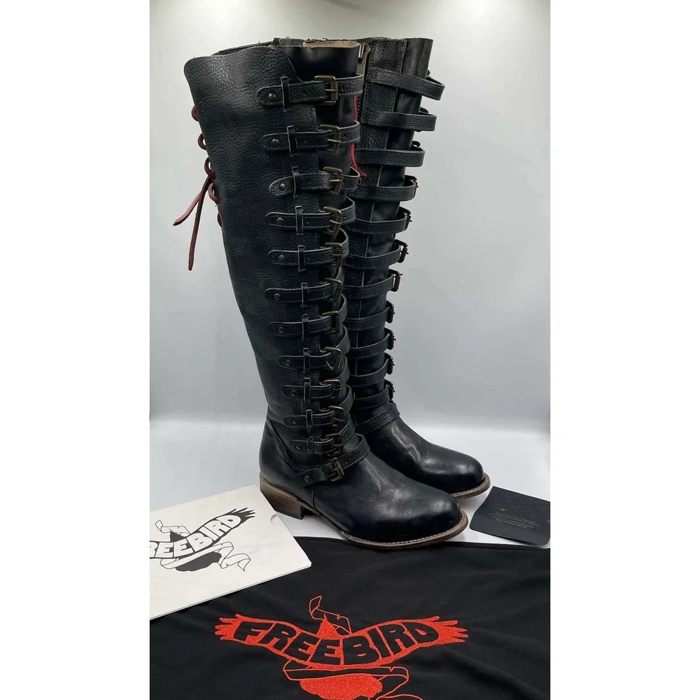 Freebird by Steven Rylan Navy Multi Leather Multi Buckle Tall Boots Women 8